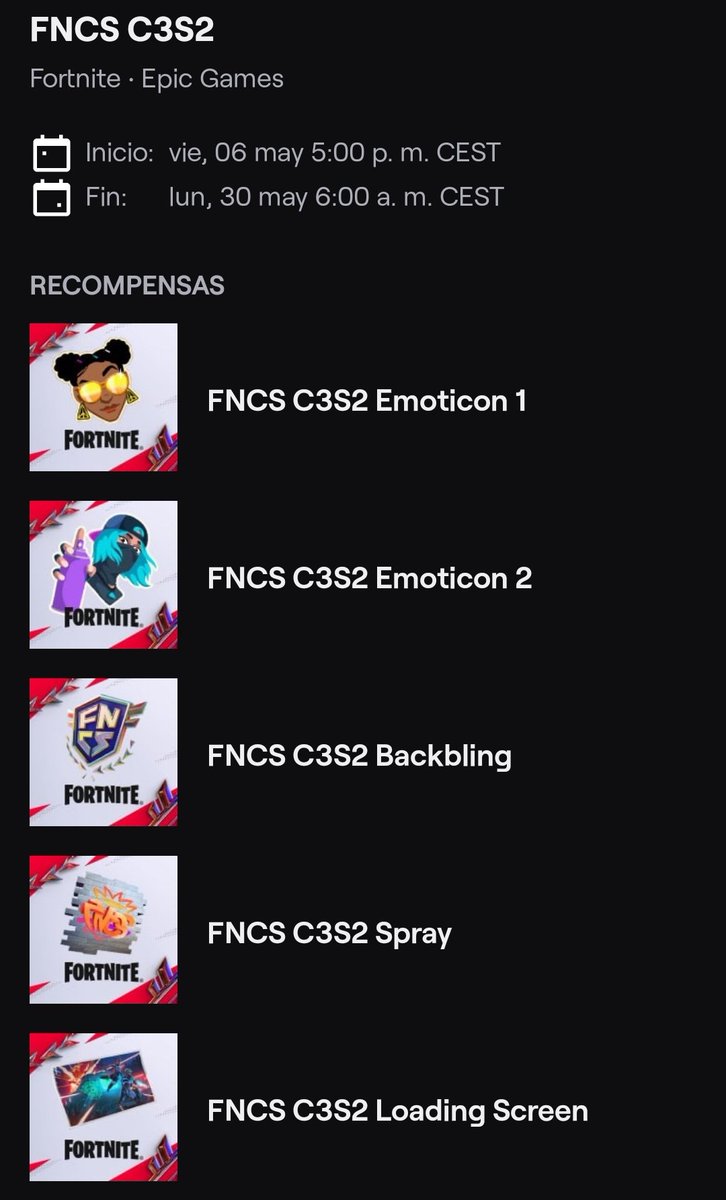 Jorge_Most's tweet photo. Se han activado los Drops de Fortnite en Twitch, desde hoy y hasta el 9 de Mayo podréis conseguir el primer emoji, también adjunto fechas de las demás recompensas. #Fortnite https://t.co/UocKPlvSGF