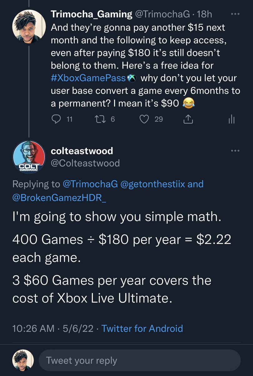 TrimochaG's tweet photo. Please don’t go around telling people how to calculate the value of a game in a service, as if you can assume the service price is now the retail value of all game…they aren’t te same that’s not how pricing works…you’re paying $180 a year for “Access” https://t.co/AxThGBxS9M