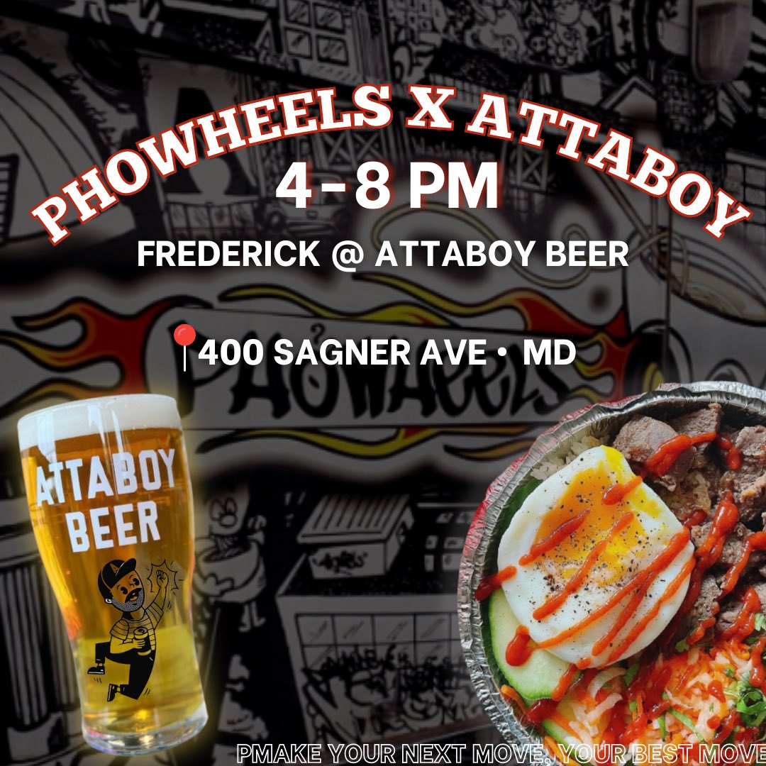PhoWheels's tweet photo. What better way to wash down some PhowheeLs than with some BEER 🍻🍲 Make your next move your best move!👇🏽
🔸Frederick @AttaboyBeer 4-8PM📍400 Sagner Ave • MD
📸: @ adorkandherfork
#phowheels #attaboybeer #phoaddict #foodtruck #mdfood #brewery #marylandfood #frederickmd https://t.co/76XN3Rbtm2