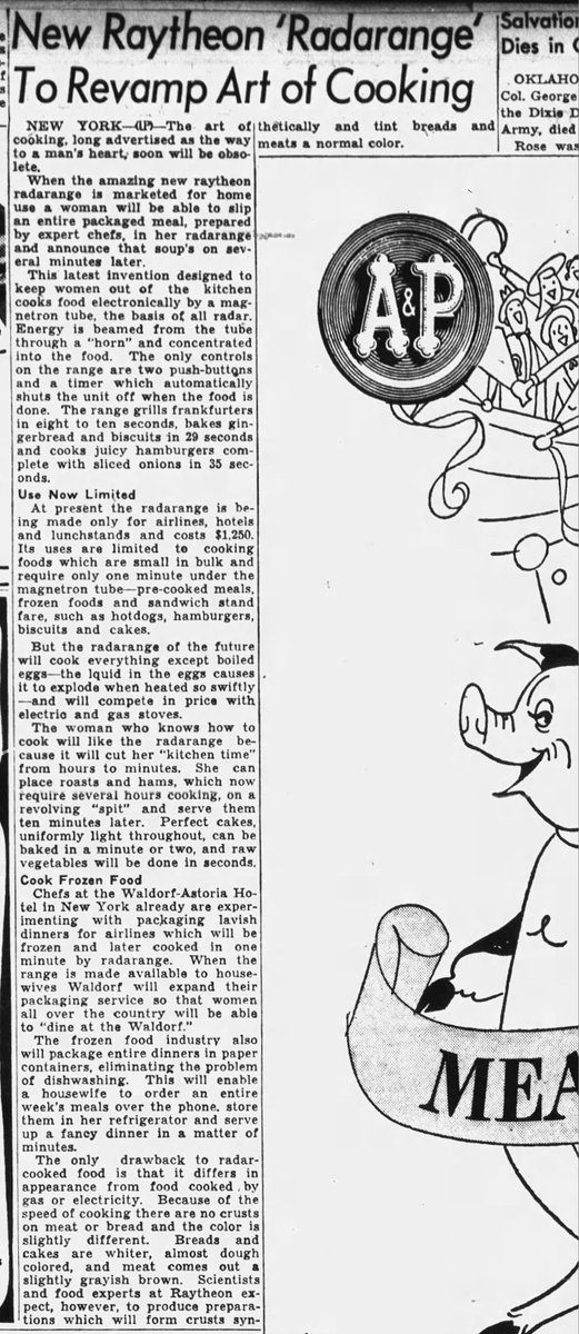 1stTimeinPrint's tweet photo. Here's how the microwave oven was described in its FIRST TIME IN PRINT on 10/25/46 in The Tennessean: "a woman will be able to slip an entire packaged meal... in her radarange and announce that soup's on several minutes later." (Pic not from article) #History #FoodHistory https://t.co/Vkfxplfm8v