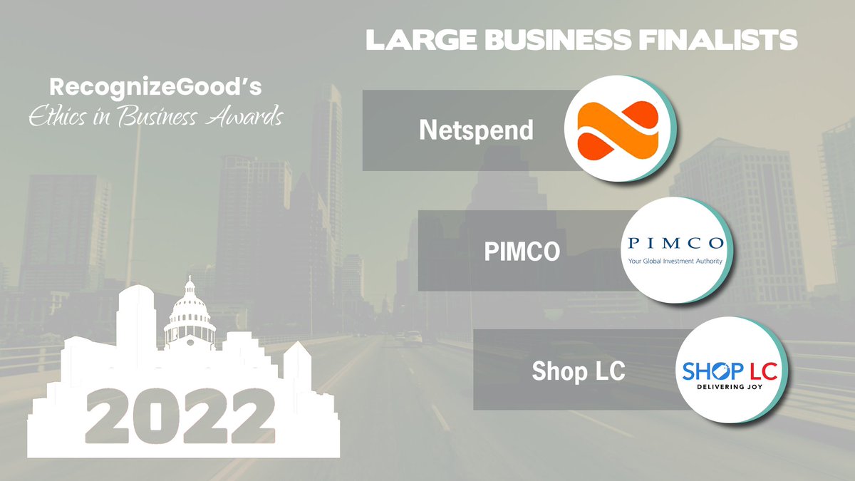 RecognizeGood's tweet photo. Congratulations to our 2022 Ethics in Business Large Business Award finalist! These three finalists represent the best examples of ethical business leadership our community has to offer.
@Netspend, @PIMCO, @ShopLCTV 

#recognizegood #ethicsinbusiness #EIBA #ethics #leadership https://t.co/YmfOAqahDK