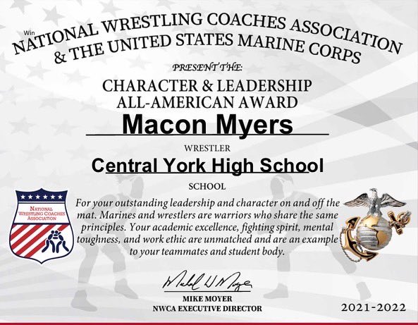 Congratulations Macon! You are a GREAT leader on and off of the wrestling mat! 👏🏻👏🏻
<a href="/MaconMyers/">Macon Myers</a> <a href="/USMC/">U.S. Marines</a> <a href="/nwcawrestling/">NWCA</a> <a href="/CentralYorkAth/">Central York Athletics</a> <a href="/centralyorksd/">Central York School District</a>