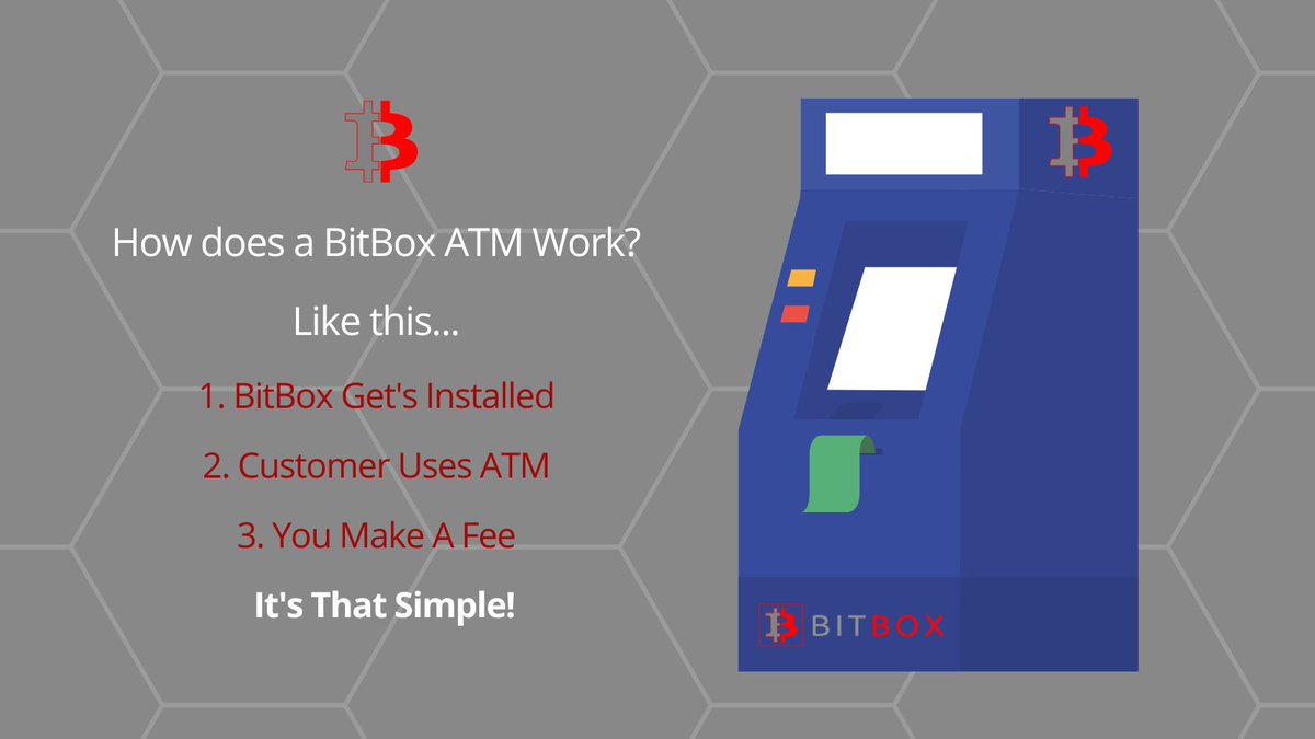 How does a BitBox ATM Work? 🏧 

Like this... 
1️⃣ BitBox Get's Installed 
2️⃣ Customer Uses ATM 
3️⃣ You Make A Fee 

 It's That Simple! 🤯 

#BitboxATM #cryptocurrency #crypto #currency #bitcoin #money #invest #investment #blockchain #stockmarket