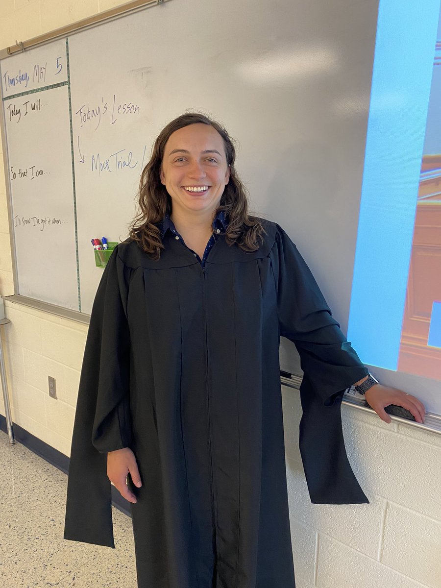 MsHSabol's tweet photo. This week, I dug out my college graduation robes to turn class into Judge Sabol’s courtroom👩🏻‍⚖️ students had a great time taking on the role of prosecutors, defense attorneys, and members of the jury! #MockTrial #Civics #courtisinsession @GlasgowMS https://t.co/drkm3v6RXD