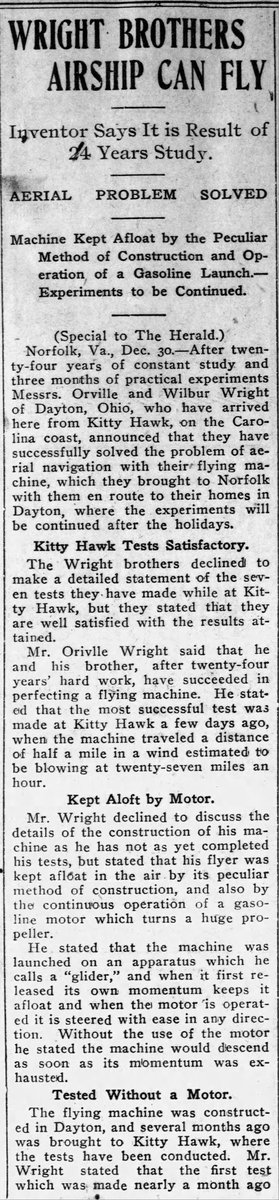 1stTimeinPrint's tweet photo. FIRST TIME IN PRINT for the "flying machine" built by "Messrs. Orville and Wilbur Wright of Dayton, Ohio." At the time of print, "the machine has traversed a half mile of beach at a time." 12/30/1903 Can u find earlier? #History #AviationHistory #FirstTimeinPrint https://t.co/buCuxVvFOW
