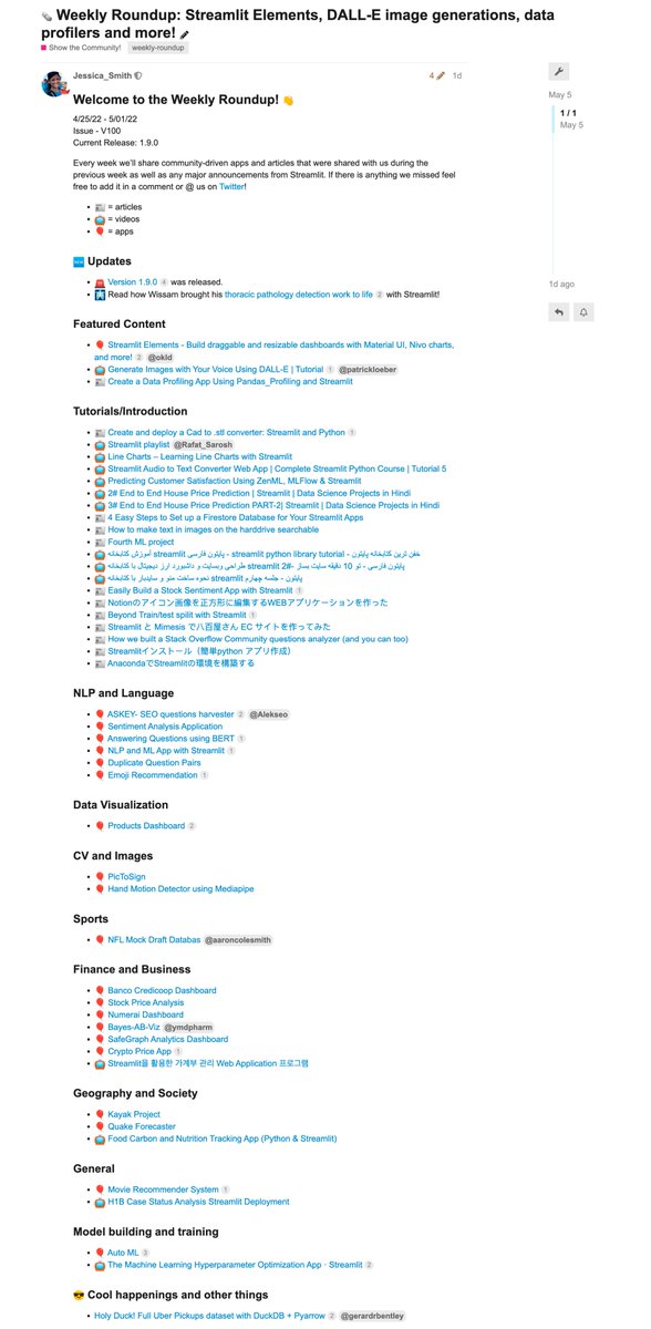 DataChaz's tweet photo. A very special @streamlit weekly round-up today as it is number 100! 🎈🎉

That's 1.9 years of weekly round-ups!! 🤯💥

Featuring the Streamlit whizzes:

@python_engineer
@_okld 
@ymdpharm
@AaronColeSmith
@RafatSarosh
@GarsBar35Plus 
@alekseo 

→ https://t.co/BIFIIMSZLT https://t.co/23wyp3qqwQ