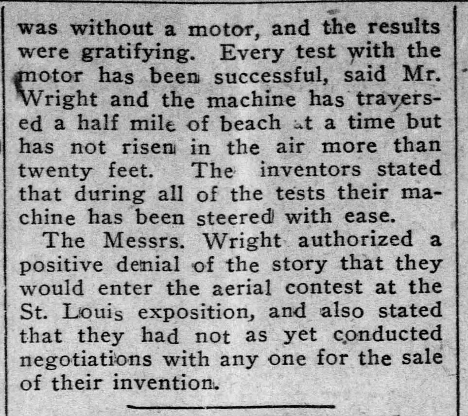 1stTimeinPrint's tweet photo. FIRST TIME IN PRINT for the "flying machine" built by "Messrs. Orville and Wilbur Wright of Dayton, Ohio." At the time of print, "the machine has traversed a half mile of beach at a time." 12/30/1903 Can u find earlier? #History #AviationHistory #FirstTimeinPrint https://t.co/buCuxVvFOW