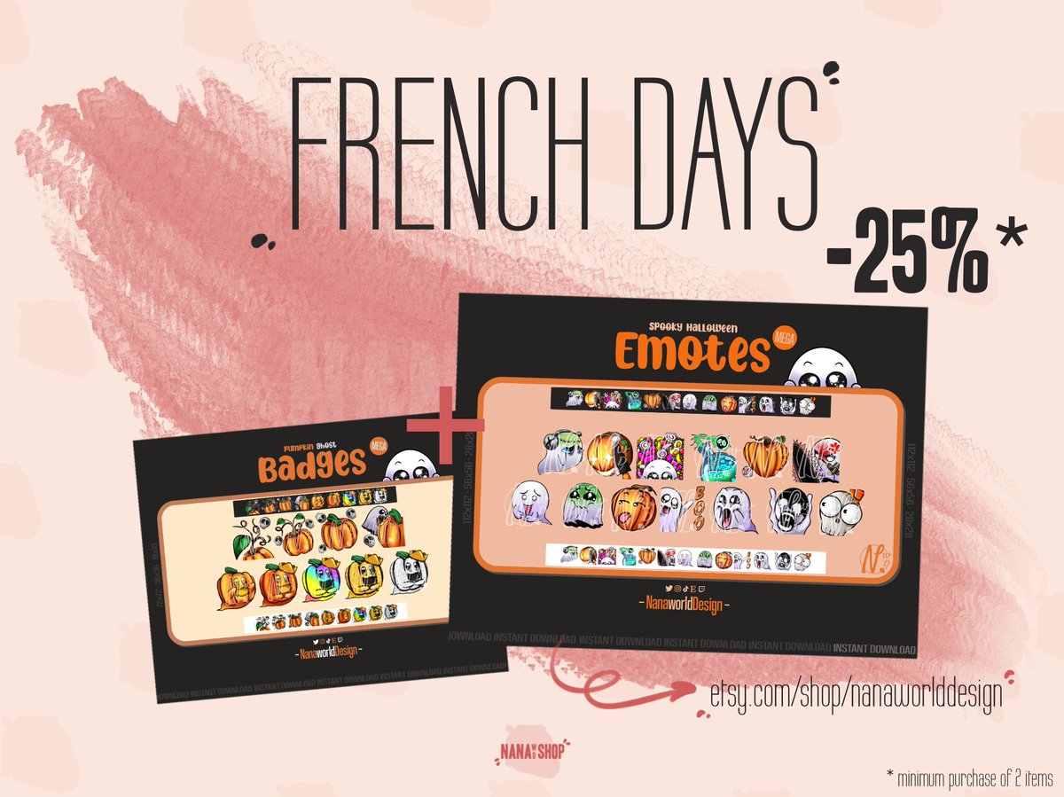 NanaWorldDesign's tweet photo. ✨Offre FRENCH DAYS ✨
Pack d'emotes Fantomes avec leurs badges fantomes citrouilles disponible sur https://t.co/CjBPMpiHM8 👻
#makeyourmix
-25% à partir de 2 articles achetés!🏷
#emoteartist #promos #twitchstreamer https://t.co/QHgwrnUnWV