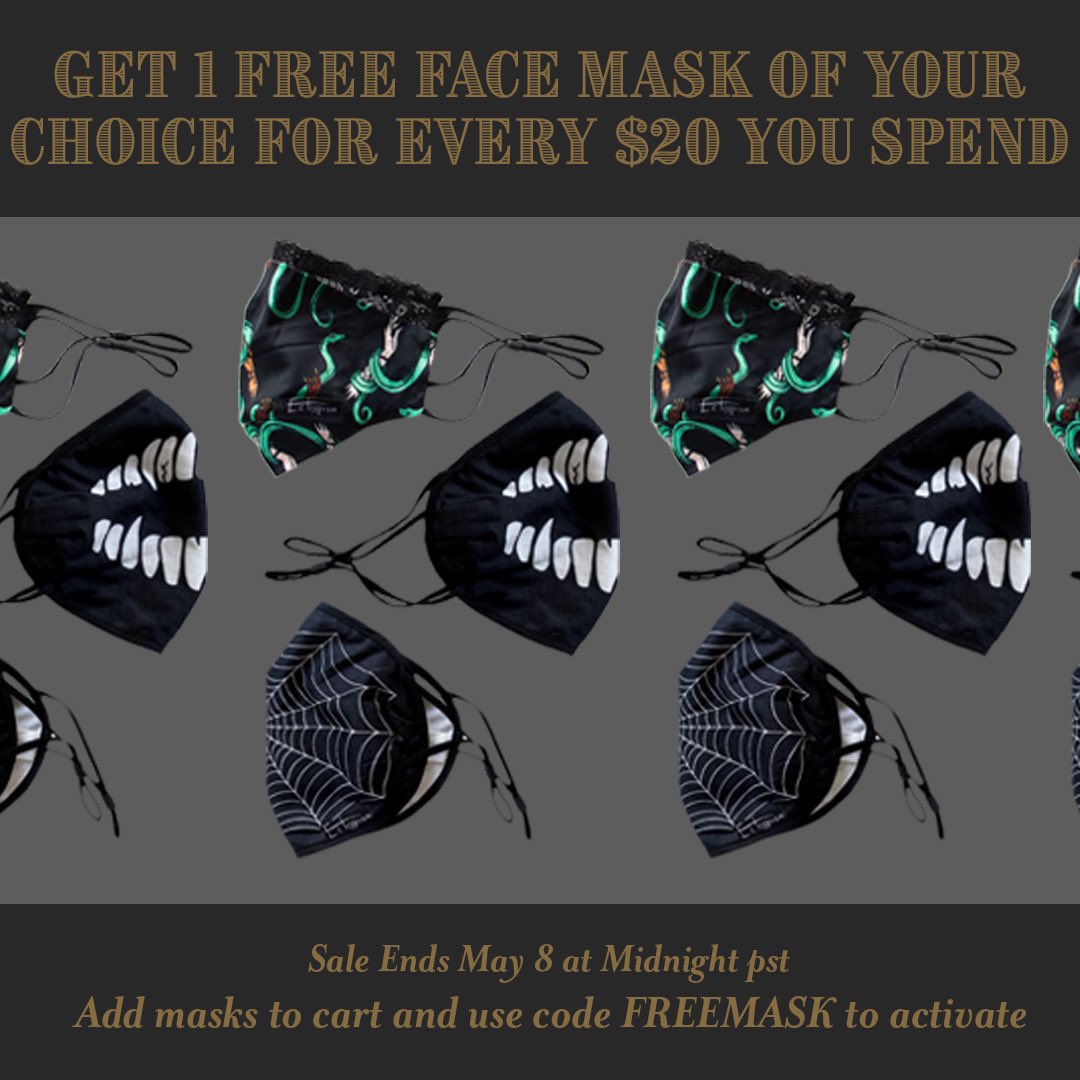 Ectogasm_Art's tweet photo. This weekend only! Get 1 free face mask for every $20 you spend. Use code FREEMASK. 

https://t.co/JTQt256G3Q

#facemasks #altfashion #shopsmall https://t.co/kajQv1y0zr