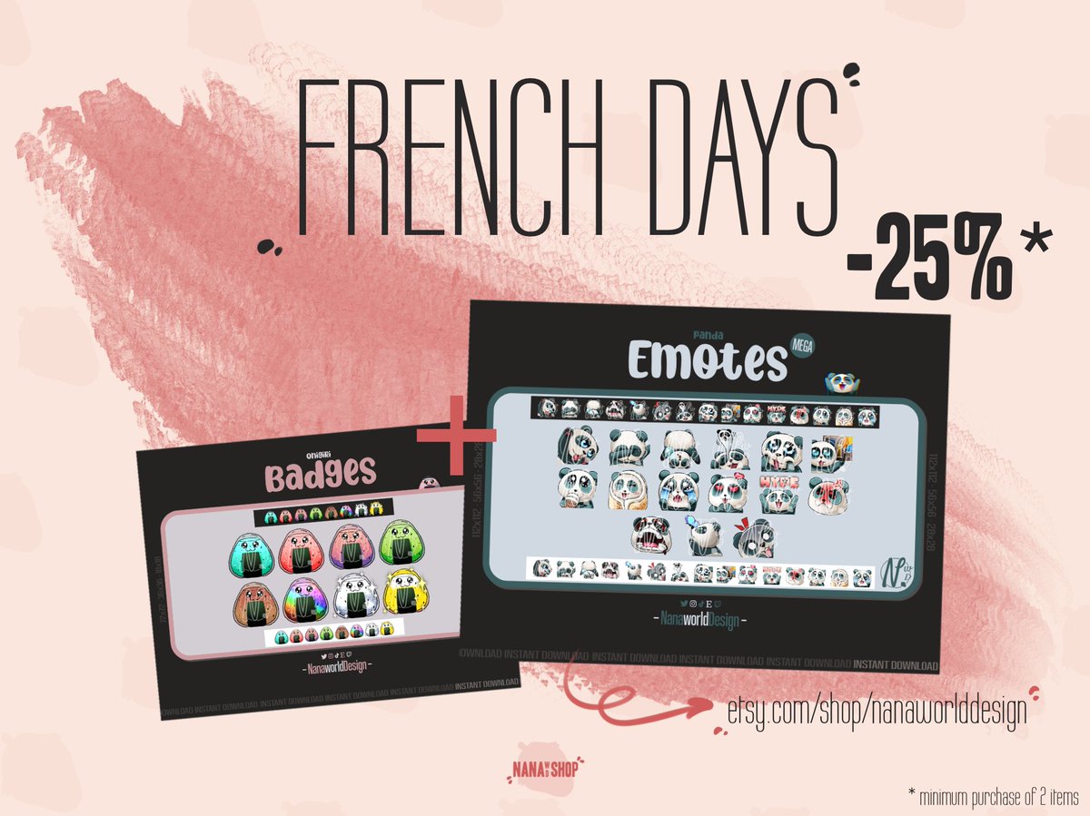 NanaWorldDesign's tweet photo. ✨Offre FRENCH DAYS ✨
Maxi pack d'emotes Pandas et des badges onigiris disponible sur https://t.co/CjBPMp16UA à petit prix jusqu'au 9/05 !✨
#makeyourmix
-25% à partir de 2 articles achetés!🏷
#emoteartist #promos #twitchstreamer https://t.co/LBiY4cNQLz