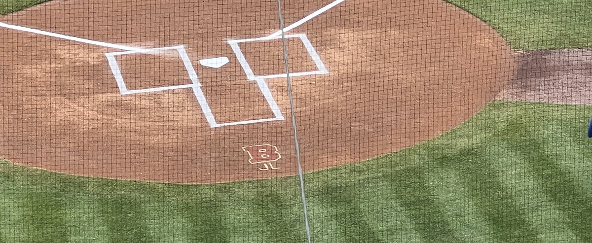 ByMHarrington's tweet photo. Nice tribute by #Bisons to Josh LaSpada, member of press box stat crew who died suddenly last week. His initials ‘JL’ stenciled behind home plate. #RIP. https://t.co/rG8uTjVsby