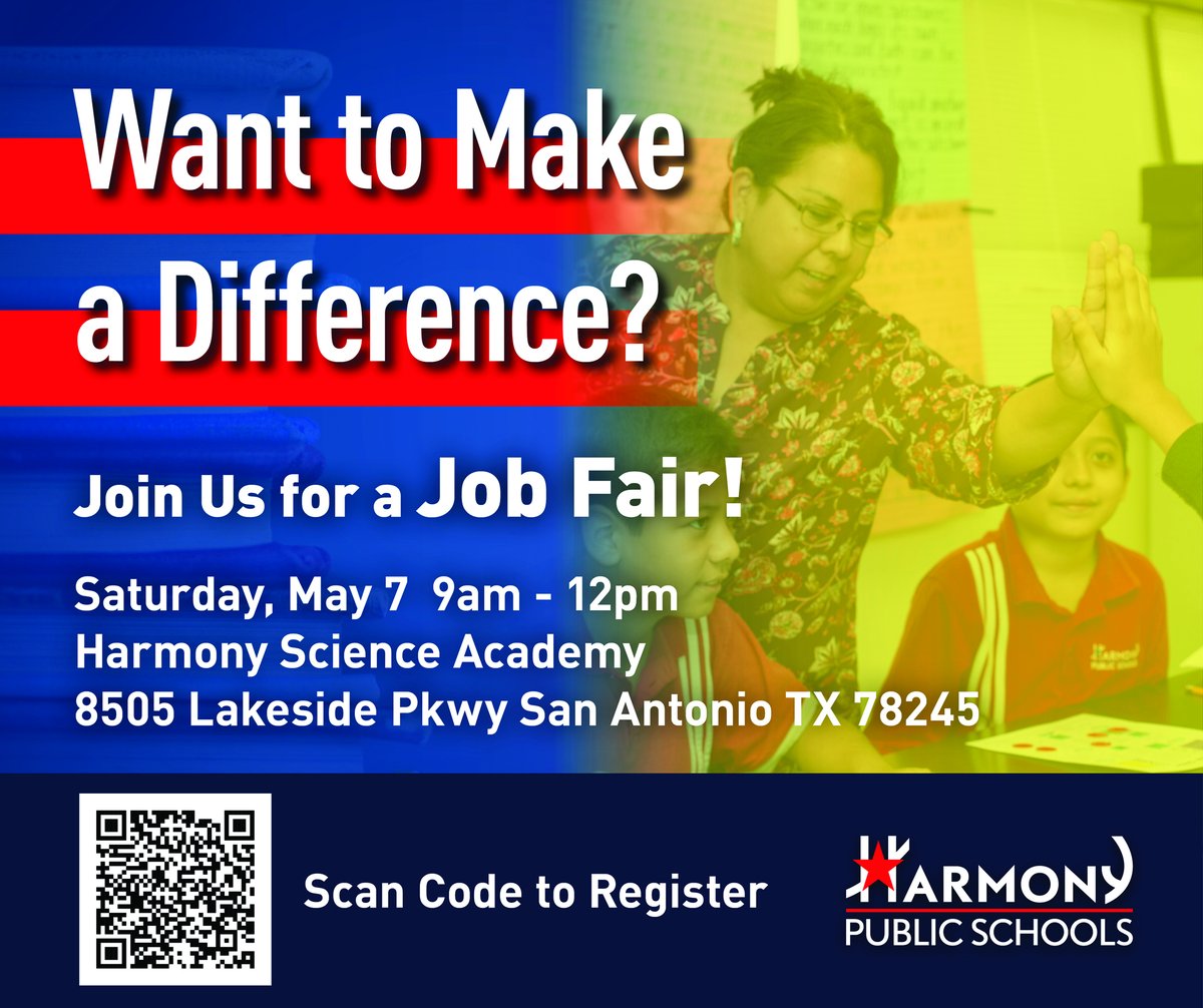 📢We're looking for some terrific teachers to join our Harmony San Antonio team in the upcoming 2022-2023 school year! Join us at our Job Fair, SATURDAY, MAY 7 from 9 a.m. - 12 p.m. at our Harmony Science Academy campus.🍎