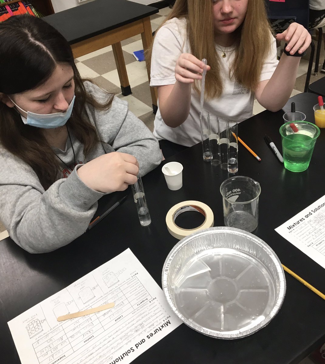 mrsgreenscience's tweet photo. Today’s focus was on the types of mixtures that occur in Chemistry. Students experimented to identify colloids, solutions, and suspensions. They gathered their evidence through observations, testing light behavior, and filtering. #VMSOneRoar @vms_principal @NorthwestRISD https://t.co/Ij3OhIDyR5