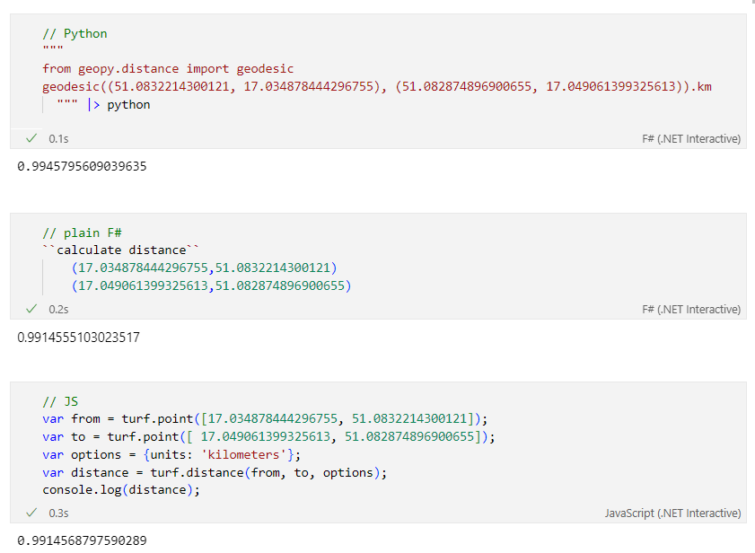 Calculating distance between 2 points in one notebook #fsharp, #javascript (with @turfjs ), #python (with geopy via @pyodide)