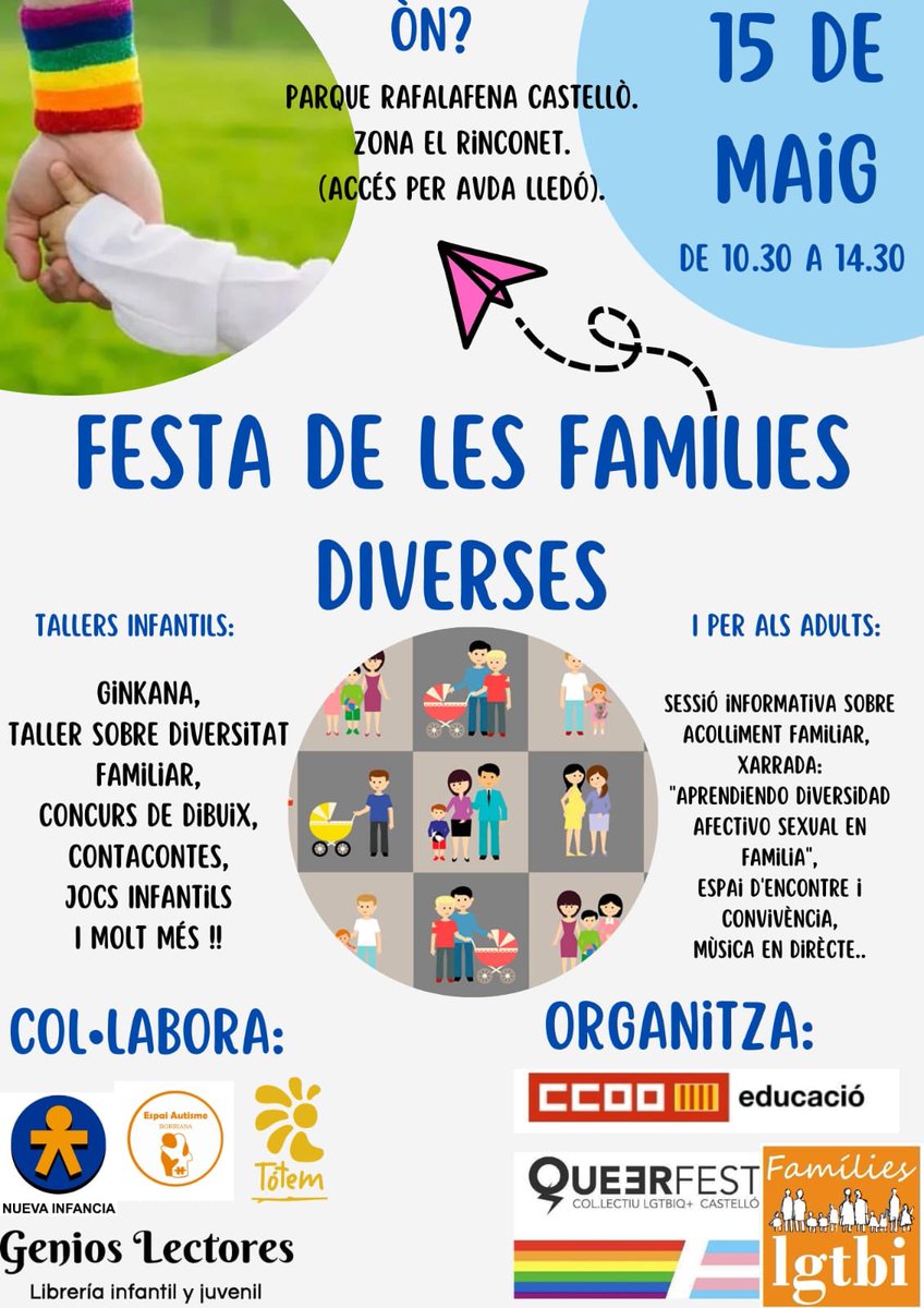 Queer_Fest_'s tweet image. El 15 de Maig, Dia internacional de la família, us convidem a celebrar la diversitat dels models familiars.
Després farem dinar de germanor. Podeu portar el vostre menjar, i/o demanar-lo en El Rinconet Rafalafena.
Us esperem!!!
@FLGFamiliesLGTB @educacio_ccoopv @AccioLGTBI