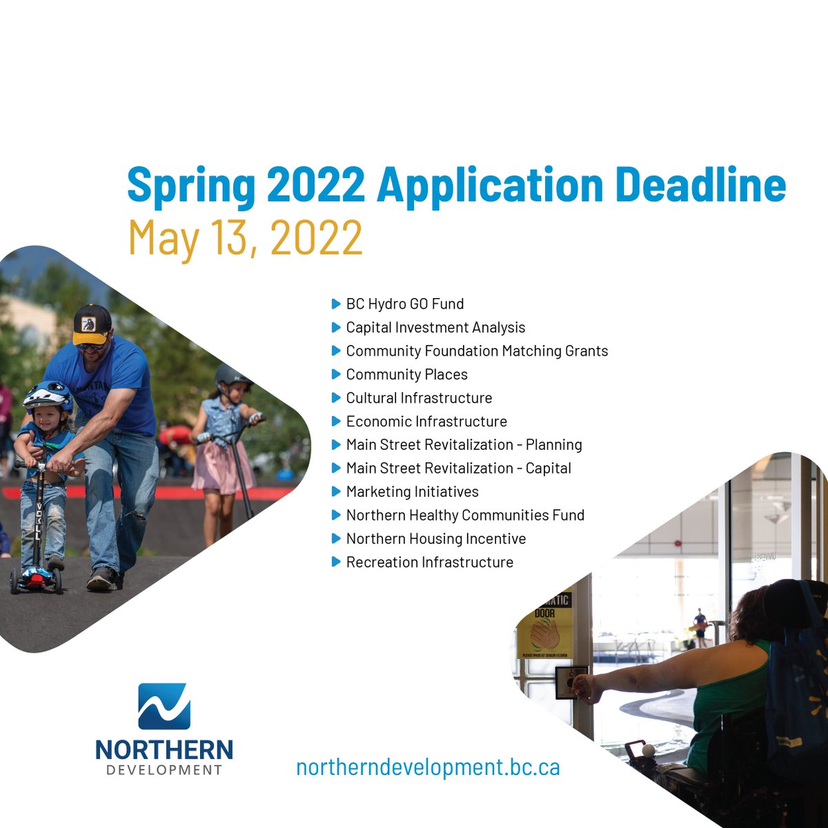 NorthernDevelop's tweet photo. ONE WEEK until our Spring 2022 Application Deadline!
This is your opportunity to apply for funding through our #communitydevelopment and partner programs.
Details: https://t.co/vFhC3QnC6p
#InvestingintheFuture #northernBC #ecdev #bcmuni #ecdevinaction #grants https://t.co/H2xsaTRQR5