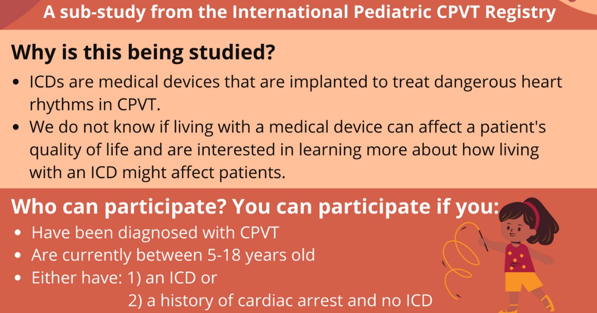 fiacardiac's tweet photo. Research alert for children &amp; teens ages 5-18 years old with #CPVT! 

The International Pediatric CPVT Registry based at the @BCCHresearch has 2 new studies on physical activity and #ICD quality of life.

Learn more at https://t.co/iMO44v0jjd.

@DrSanatani https://t.co/1QW5ZP2ibz