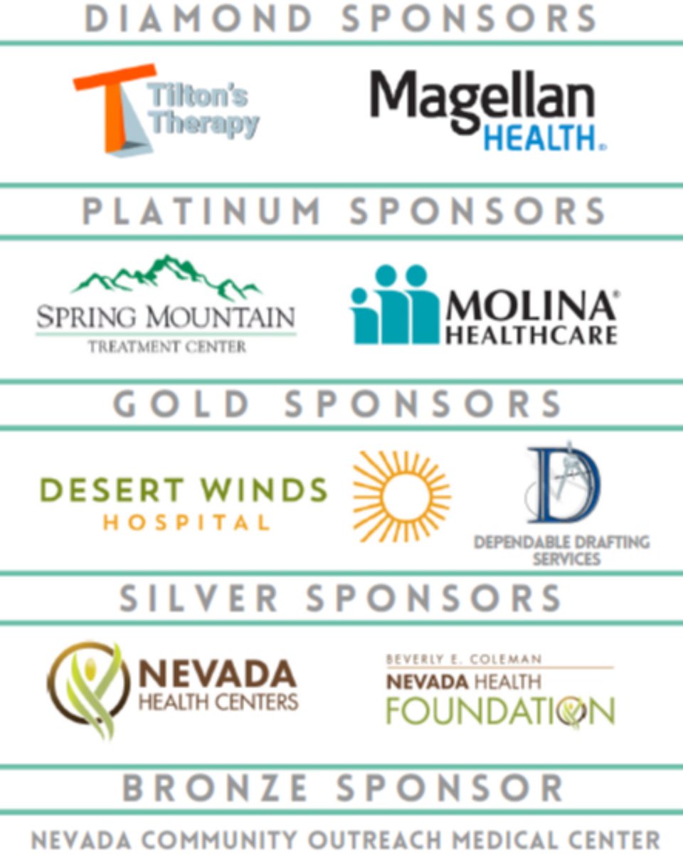 NevadaPEP's tweet photo. THANK YOU to our generous sponsors:
#TiltonsTherapy @TiltonsTots @MagellanHealth #SpringMountainTreatmentCenter @molinahealth #DesertWindsHospital #DependableDraftingServices @NVHC1977 #NevadaHealthFoundation #NevadaCommunityOutreachMedicalCenter #CCCMHC https://t.co/q5Bpun7Q7f