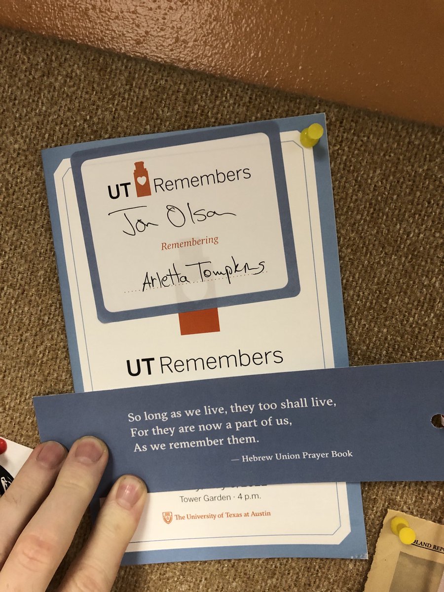 And as their names were read, the UT tower bell tolled once for every member of the community lost this year. I was there to remember our beloved PGE undergraduate coordinator, Arletta Tompkins. ⁦<a href="/UT_PGE/">UT PGE</a>⁩