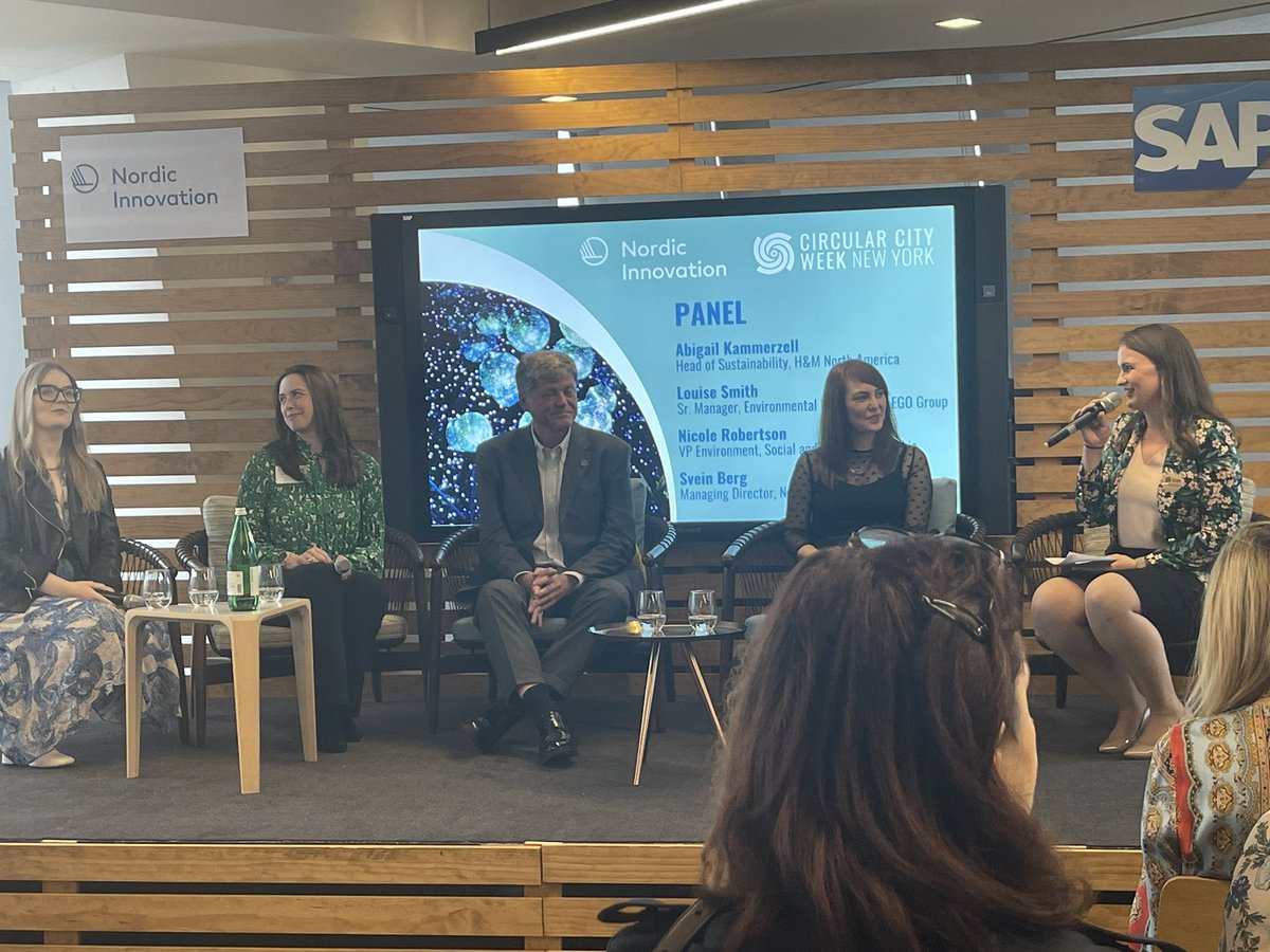 CircularWeek's tweet photo. “Innovation is about collaboration, and even involves bringing in unexpected partners” —Nicole Robertson of @nokia on an exciting #circularcityweek panel along with @hm, @LEGO_Group and @nordicinno 🌀 https://t.co/CVz3v8VXzs