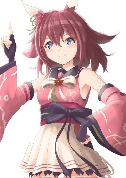 バクシンオーっぽいポーズをしてるチヨちゃん描きましたー😊🌸

今回(も)色塗り迷走中💦
帯のリボンが左右逆になってた()
#サクラチヨノオー
#ウマ娘 