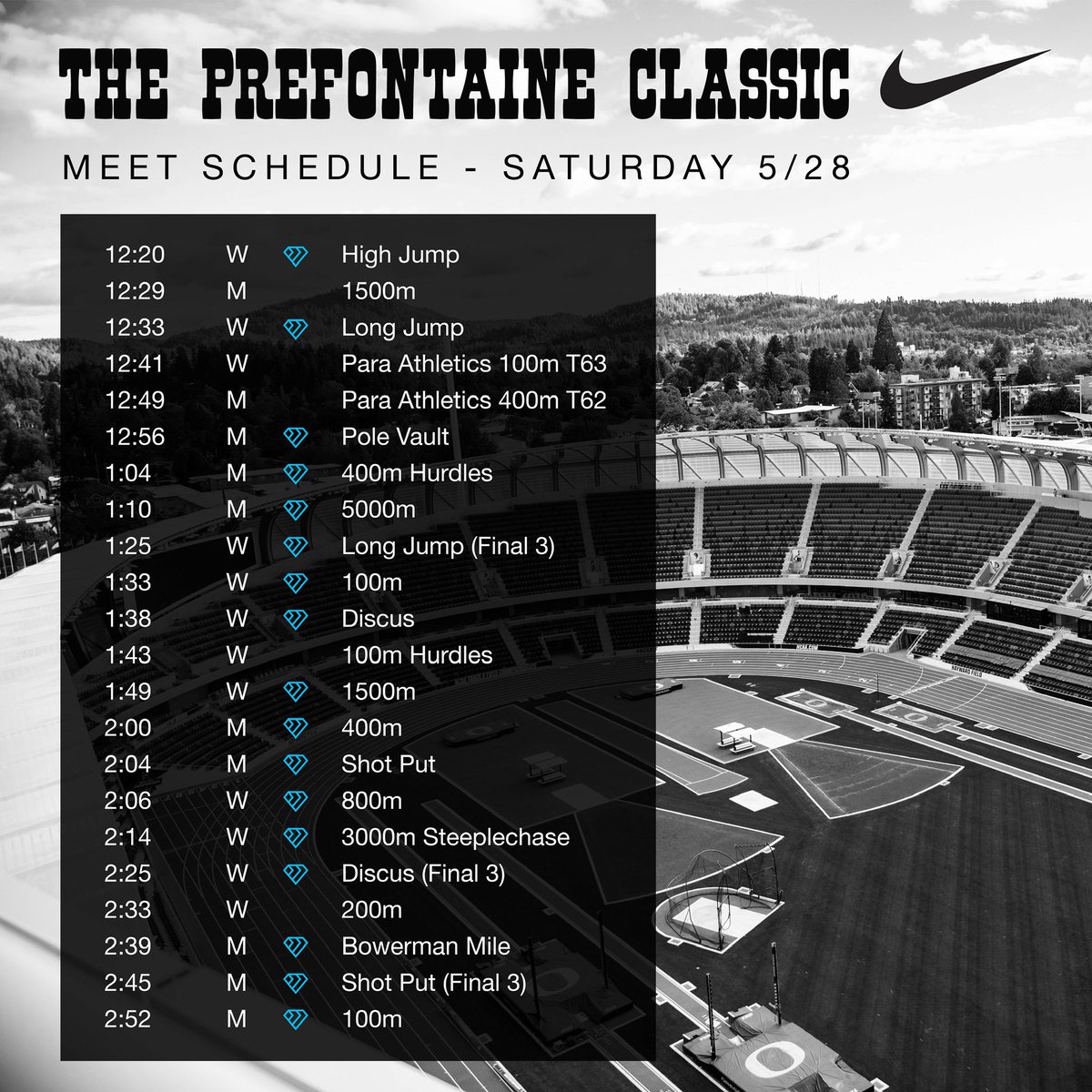 Nike Prefontaine Classic (@nikepreclassic) on Twitter photo Clear your calendars. May 28th is going to be quite the show. 
Saturday’s #PreClassic competition schedule is here! Which event are you most excited to see? 
🗓: preclassic.com/schedule Clear your calendars. May 28th is going to be quite the show. 
Saturday’s #PreClassic competition schedule is here! Which event are you most excited to see? 
🗓: preclassic.com/schedule