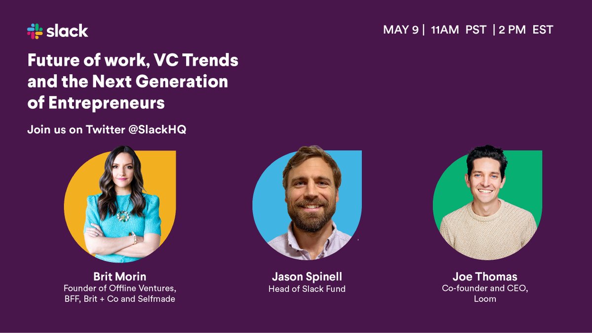 brit's tweet image. Are you busy on Monday, May 9 at 11am PT (2pm ET)? I&apos;m chatting with @SlackHQ and @Loom about the future of work, VC trends and more! Join us right here on Twitter and send me your questions by tagging #DigitalHQ. 💻 bit.ly/SlackFundLives… #SlackPartner