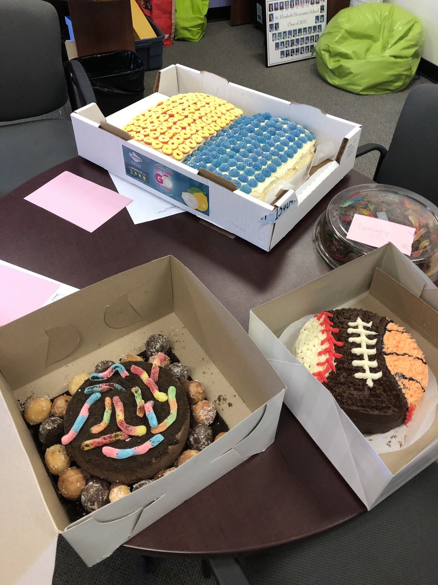 StElizabethOCSB's tweet photo. LOVE when friends arrive and surprise you with cake…for your whole school! Thank you @SacredHeartOCSB for the #CakeAuction cakes! Yum!!❤️ And congrats on another big success for so many great charities! #CathEdWeek #ocsbBeCommunity #ocsbGratitude https://t.co/8bTgVLgWRJ