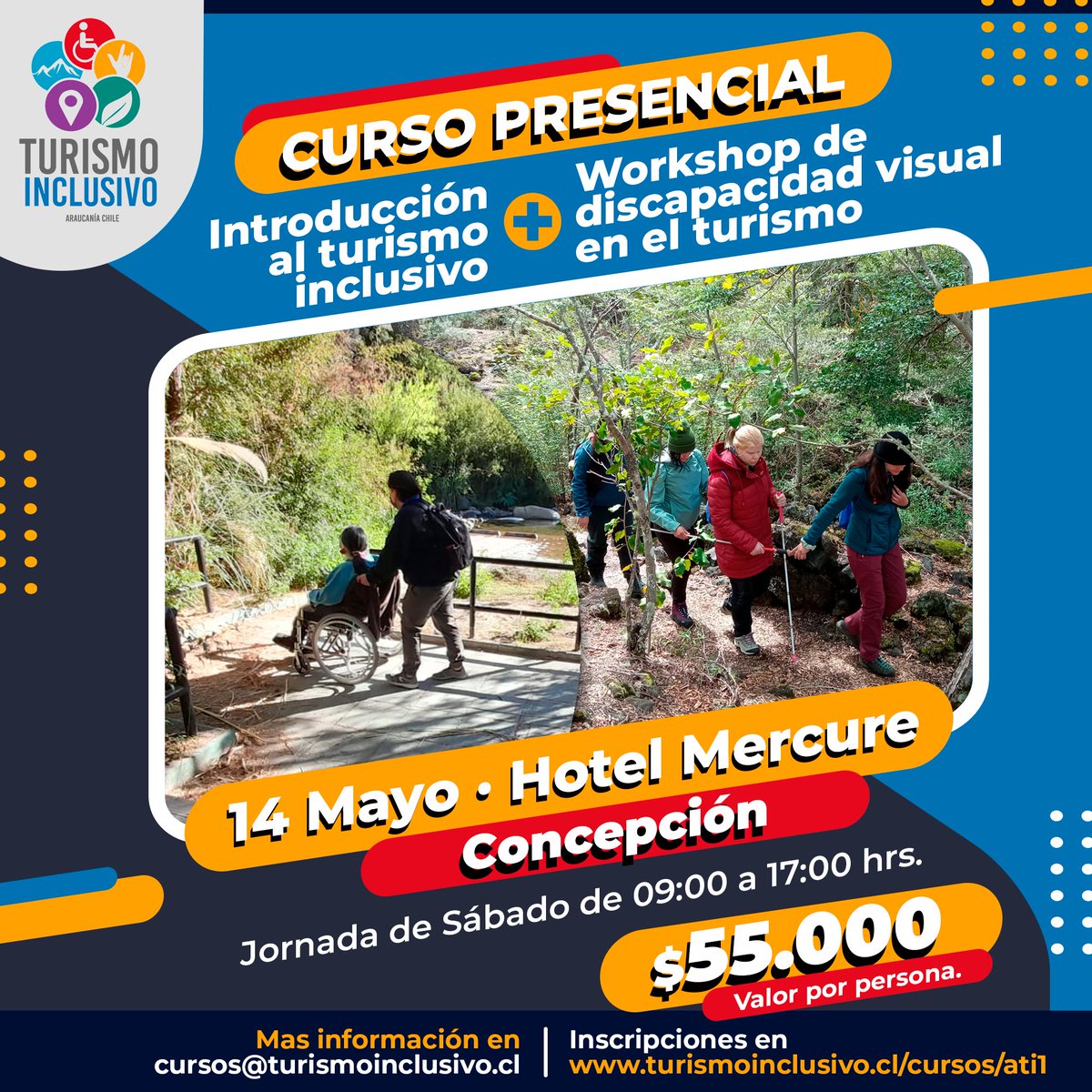 TurismoConce's tweet photo. CURSO TURISMO INCLUSIVO EN CONCEPCIÓN 
Curso de introducción al Turismo Inclusivo + Workshop de discapacidad visual. 14 de mayo, Hotel Mercure Concepción, 8:30 a 17:00 horas.
https://t.co/7Rd8ddTaoc https://t.co/YrNjCTC0Yf