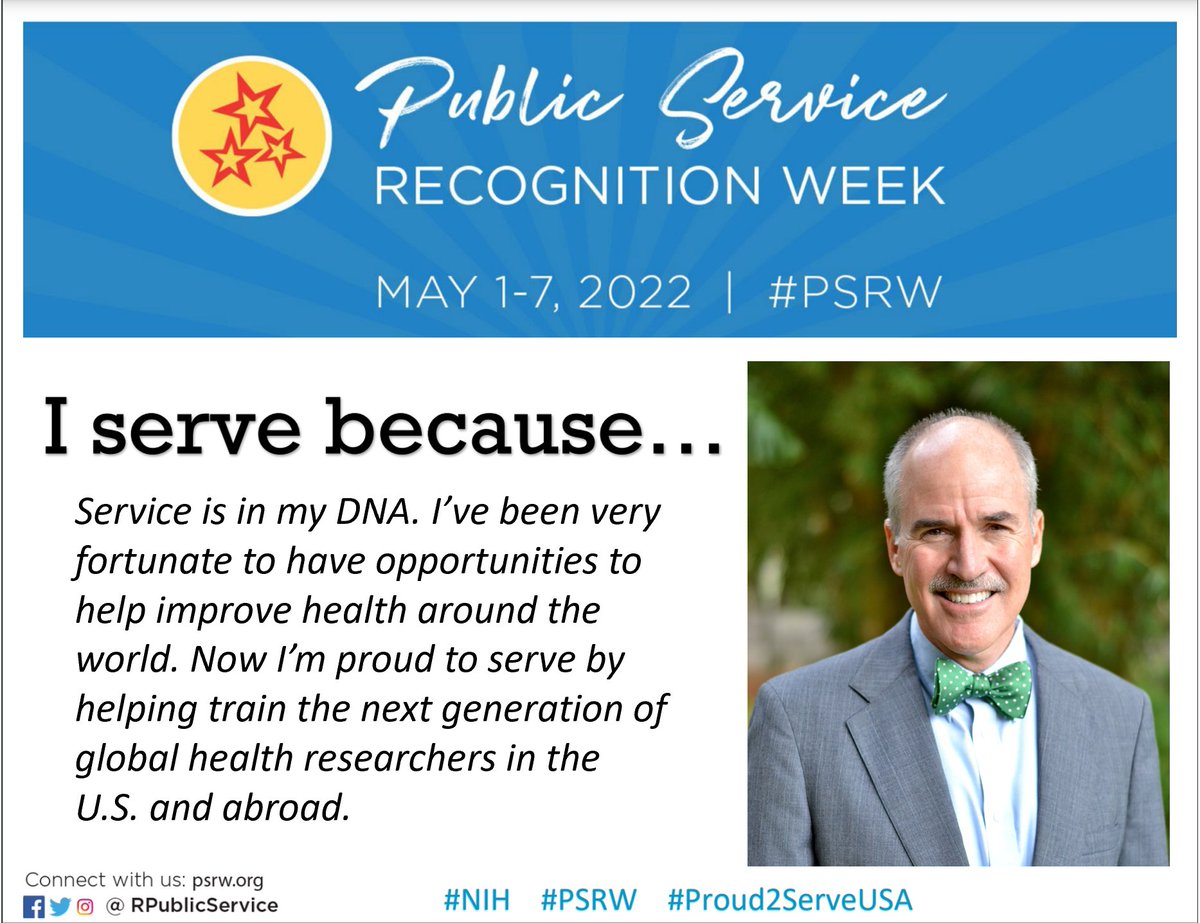 Service is in my DNA. I’ve been very fortunate to have opportunities to help improve health around the world. Now I’m proud to serve by helping train the next generation of global health researchers in the U.S. and abroad. @Fogarty_NIH  
#NIH #PSRW #Proud2ServeUSA