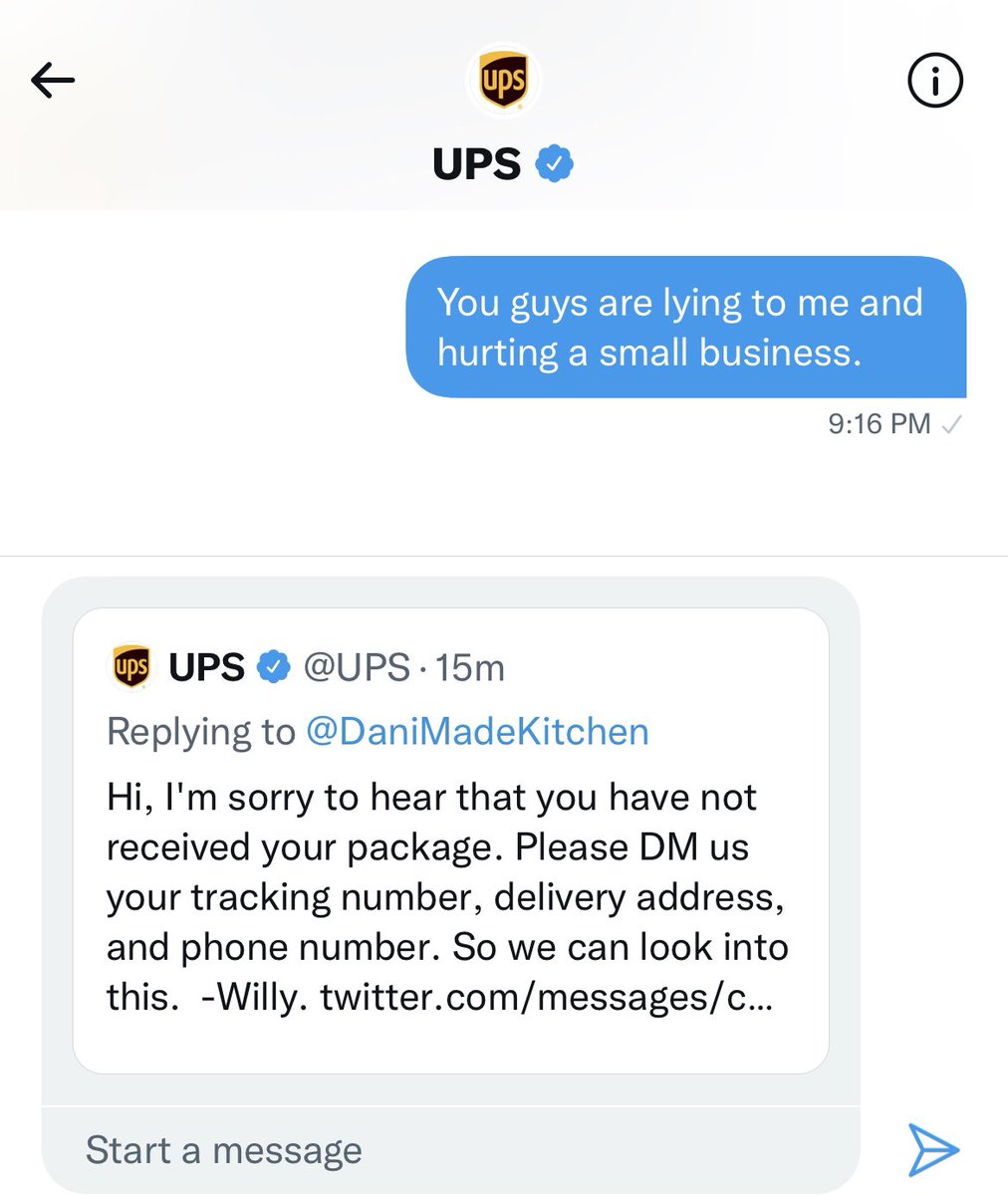 DaniMadeKitchen's tweet photo. @UPS you don’t think I’ve tried that already? And also talked to over 10 different people for last month and gotten nowhere with your bs games. Feels like I’m 5 and we’re making up rules as we’re playing. Do better. https://t.co/46ZxhT5aMa