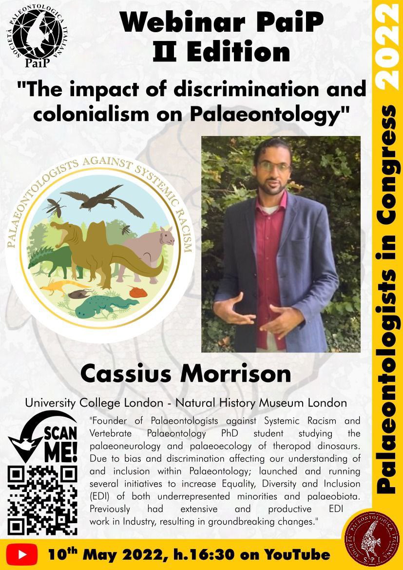 Palaeontologists against Systemic Racism (@palaeovsracism) on Twitter photo Join our founder <a href="/CassCretaceous/">Cass Morrison</a> for a joint seminar with Palaeontologists in Congress (PaiP)based in Italy, discussing The impact of Discrimination and colonialism on Palaeontology
Tuesday 10th May
3.30pm London/4.30pm Italian Time!
Please spread the word and attend! Join our founder <a href="/CassCretaceous/">Cass Morrison</a> for a joint seminar with Palaeontologists in Congress (PaiP)based in Italy, discussing The impact of Discrimination and colonialism on Palaeontology
Tuesday 10th May
3.30pm London/4.30pm Italian Time!
Please spread the word and attend!