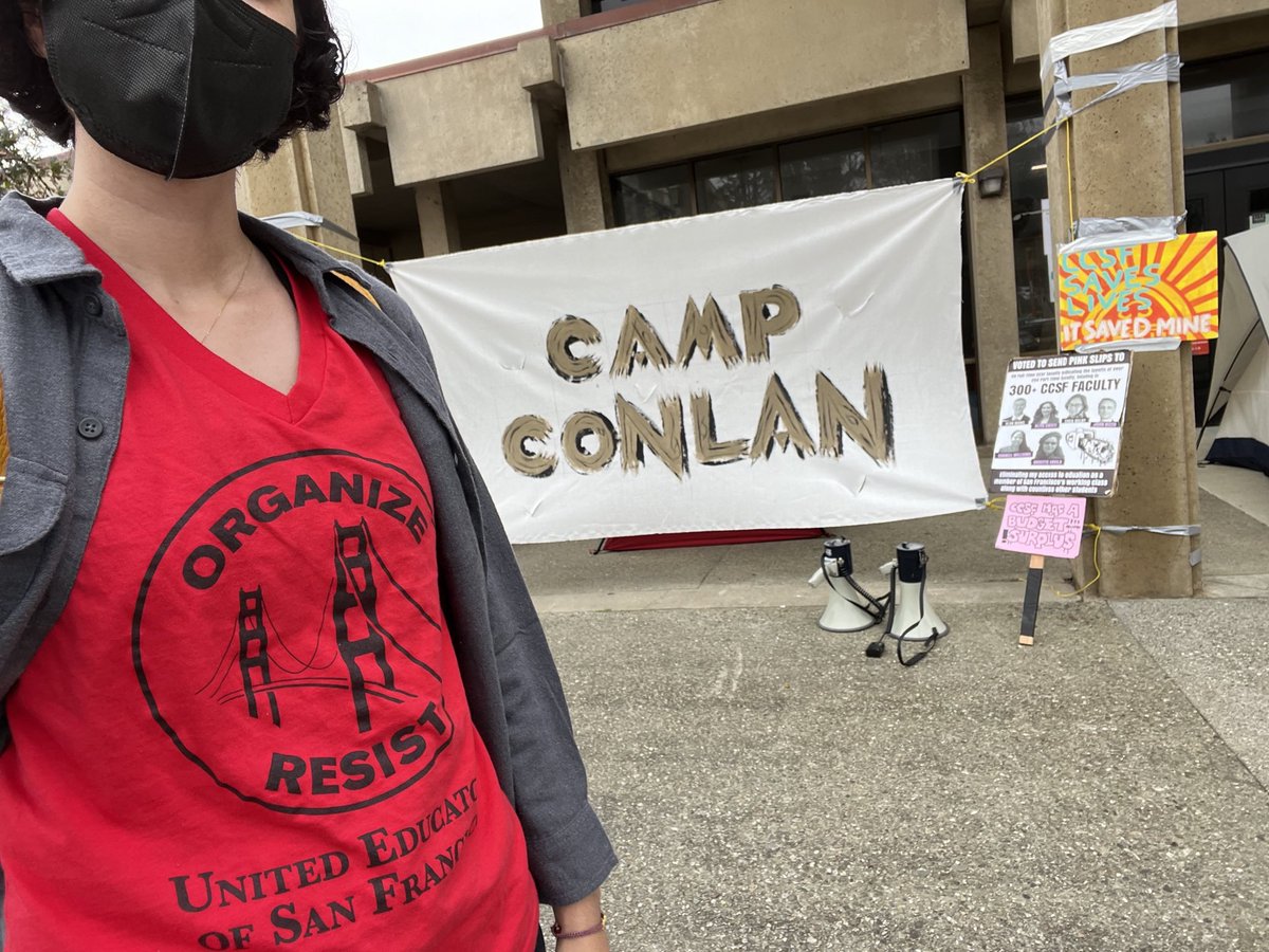 _SFMORE's tweet photo. SF Public School educators stand in solidarity with CCSF workers and students facing cuts! #NoCuts #FreeCity #DefendPublicEd stop by Camp Conlan today at 4pm to support the CCSF community! Fight the cuts!!! 💪 🔥 🚩 https://t.co/ckCjUZadx0