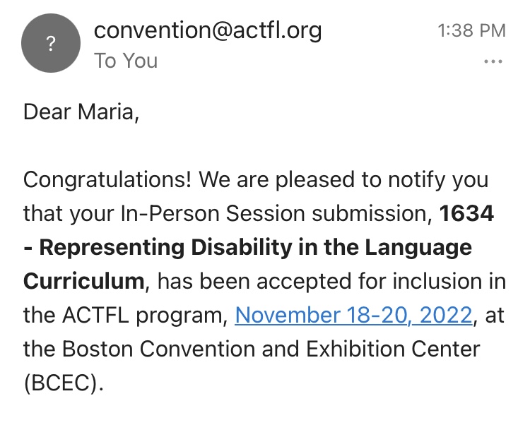 maritchkita's tweet photo. So excited to be presenting at #ACTFL22 "Representing Disability in the Language Curriculum"! #UDL #Access #EquitableLearning #CriticalDisabilityTheory #AntiOppressiveCurriculum I'm looking forward to seeing many of you in person! https://t.co/ybWN0N4xcv