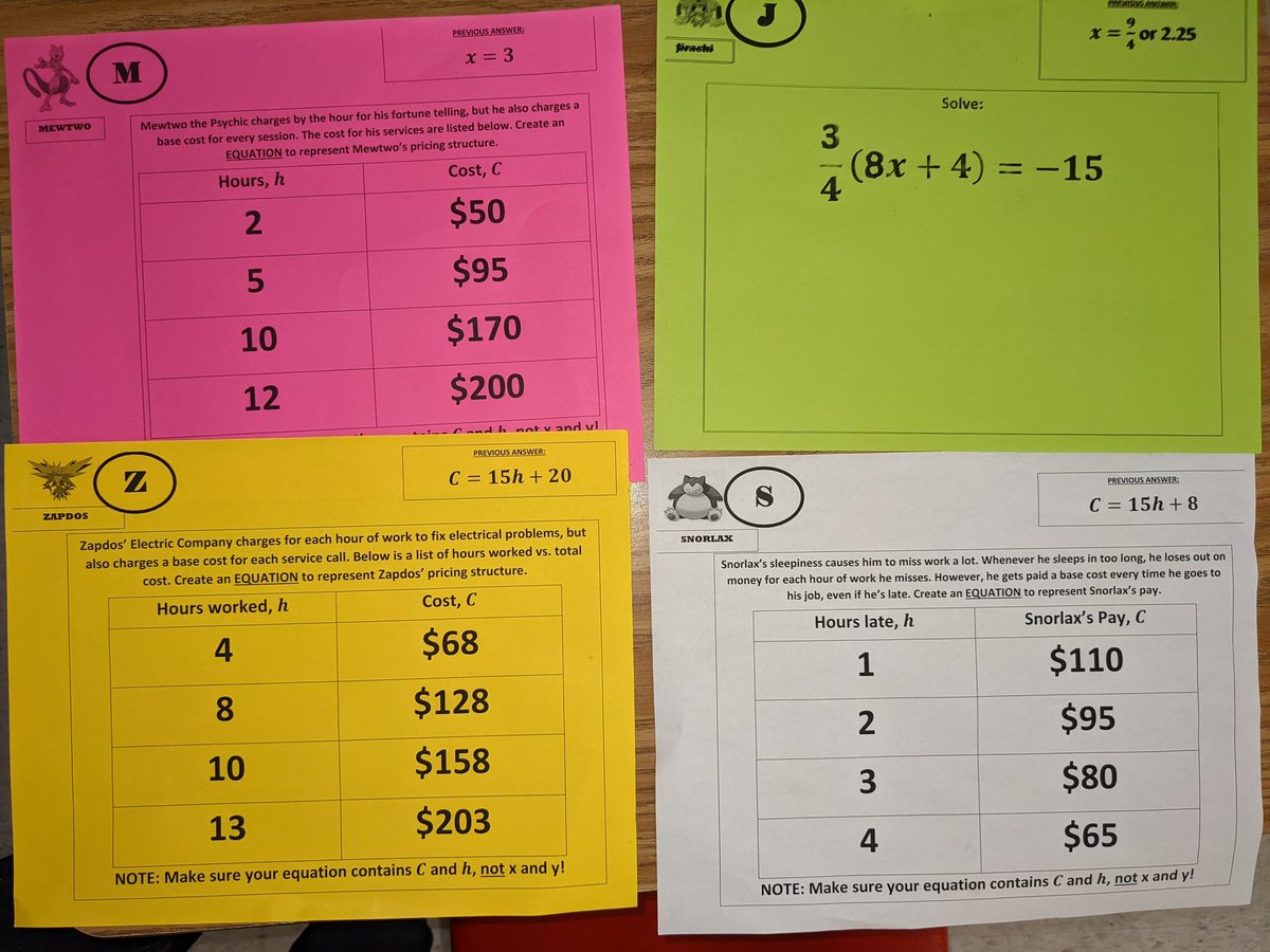 MisterWippel's tweet photo. Gotta Solve 'Em All! Students walked around the room to figure out various problems sponsored by Pokemon. We found out how much Mewtwo's Fortune Telling Service charges per hour, and how much money Snorlax loses when he sleeps in too late for work. @IMS_Indians @Pokemon https://t.co/YFR2yojPLM