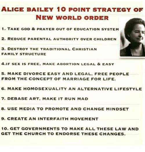 Satanist Alice Bailey, creator of the New Age movement, wrote down the globalist plan over 70 years ago.