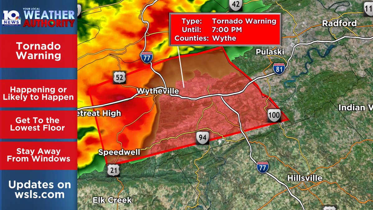 A Tornado Warning has been issued for the county/counties in red. Seek shelter immediately, and tune into WSLS 10 for the latest. Watch our live coverage HERE: wsls.com/watchlive?utm_… #swvawx #vawx