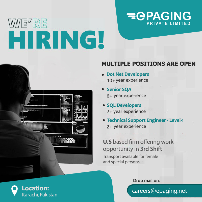 epaging's tweet photo. Epaging is hiring for multiple positions.

Apply now at: careers@epaging.net

#developer #karachijobs #nightshift #dotnet #dotnetdeveloper #teamleads #jobs #jobinkarachi #opportunity #multiplejobs #multiplepositions #karachi #epaging #job https://t.co/VOAW8gIUO1