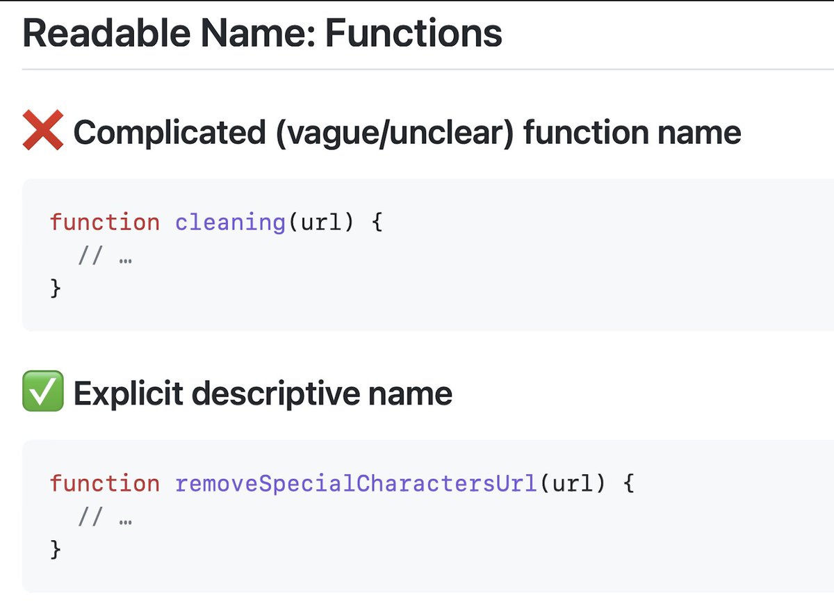 phenrysay's tweet image. Use clearer function names in JS ✨
👉github.com/pH-7/GoodJsCod… 👈
#cleancode #readability #scalablecode #maintainablecode