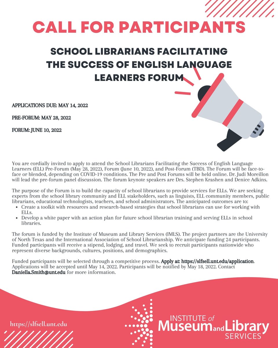 dsmithlibrarian's tweet photo. Participants are needed for an IMLS funded National Forum about school librarians assisting English Language Learners. Stipends are available for attendance. Speakers are Denice Adkins, Stephen Krashen &amp; Judi Moreillon #AASL #YALSA #schoollibrarians #ALSC #ELLs @KavitaMNA https://t.co/VQ9uaw19oE