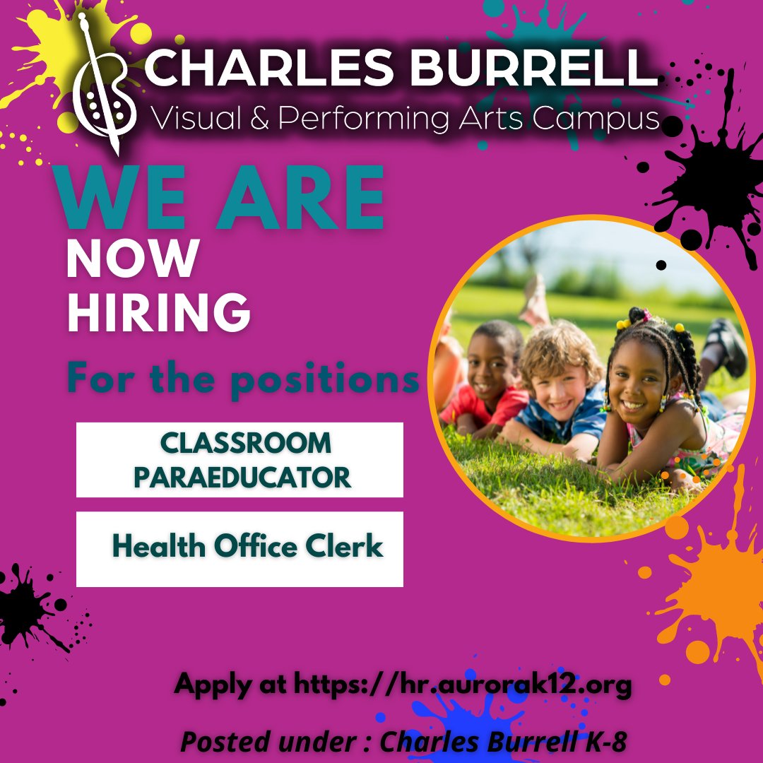 burrellartsk12's tweet photo. #HiringNow. We are looking to hire a #Paraeducator and #Health office clerk for the Burrell K-8 Team, for the 22-23 school year.
#Apply at https://t.co/H0HYyltzz4
#Join our #team!
#burrellartsk12 #creativity #care #confidence #visualandperformingarts #auroracolorado #educator https://t.co/4WqUTnyzM9