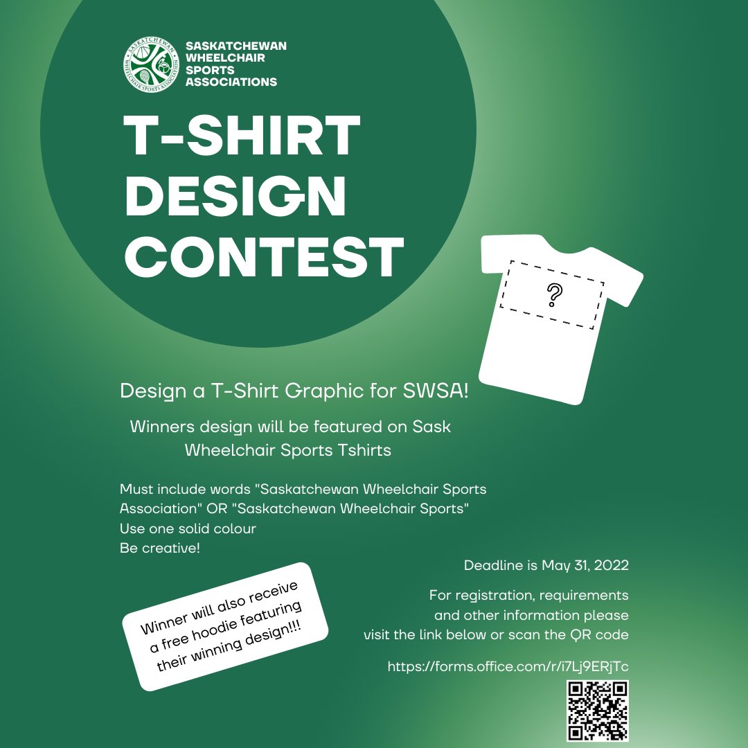 skwcsports's tweet photo. Get your designs in for the Sask Wheelchair Sports T-Shirt Design Contest!!!

Winner will receive a free hoodie with their design! https://t.co/tsnU6StNbl