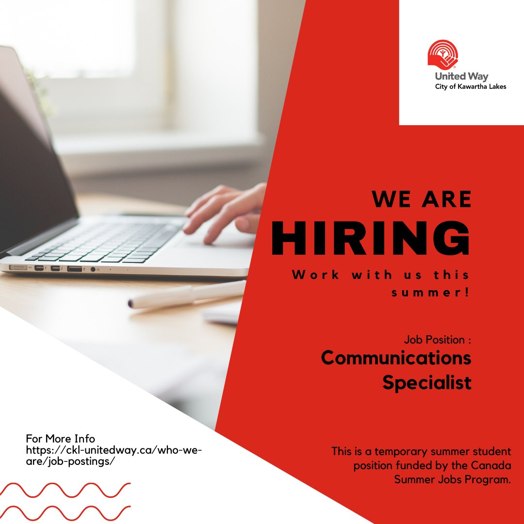 UnitedWayHKL's tweet photo. We’re hiring a Communications Specialist! This position is made possible by the Canada Summer Jobs program. Visit https://t.co/EvJIkC0Iv5 for the full job description and eligibility requirements. Deadline to apply is Friday, May 20th at noon. https://t.co/BAB7FsQJRJ