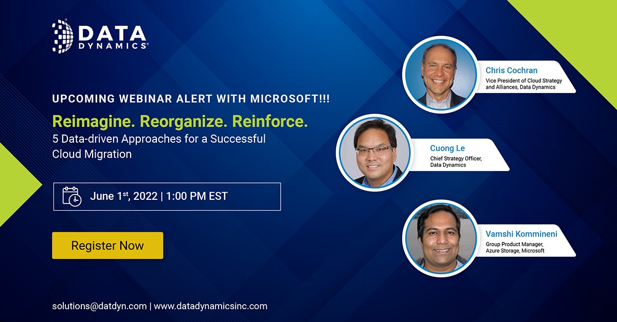 DataDynamicsInc's tweet photo. Going #blind with your #data isn't worth it when you can extract maximum intelligence from it. Join our webinar to learn how you can benefit from #dataanalytics when moving to the cloud. A 30-minute #webinar on Jun 1, 2022, with #DataDynamics & @Microsoft. https://t.co/DrFD9GM6Lp https://t.co/A8kPidz3QM