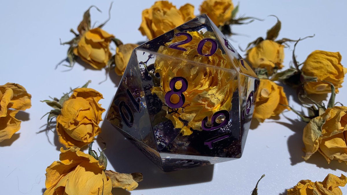 RpgrsD's tweet photo. It's been a while, let's do a dice giveaway!

This 65mm (~2.5 in) D20 could be yours! With a yellow rose and purple moss inclusions, this die is perfect for druids, vampires, and you 😉

To Enter
💙 Like
➡️ Follow
🔃 Retweet

All 3 are required for a valid entry

#dnd5e https://t.co/L2C3jzrZeX