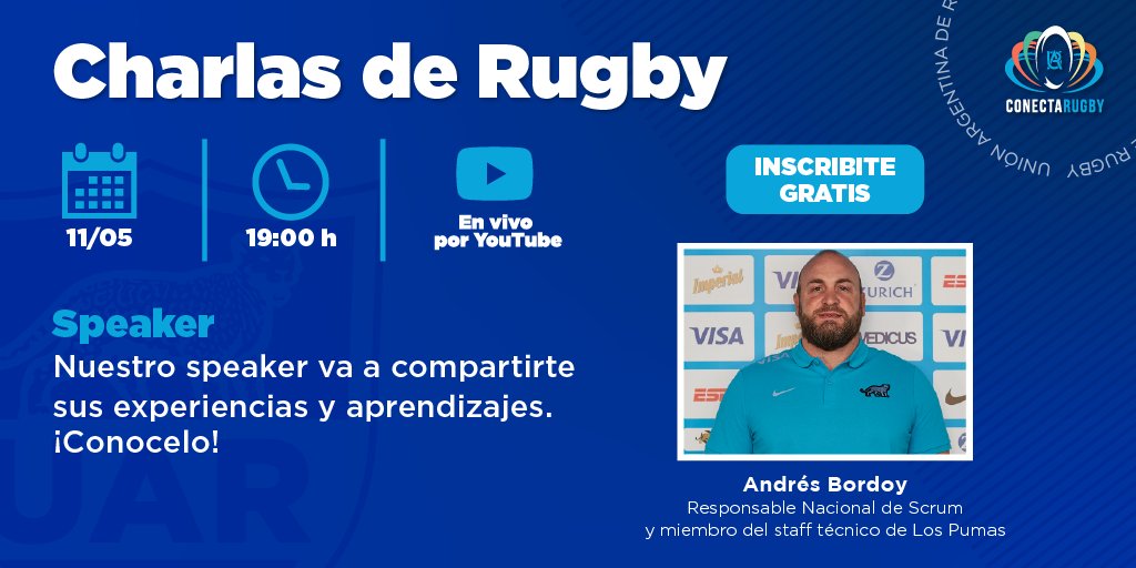 unionargentina's tweet photo. El próximo miércoles 11/5 desde las 19:00 h, en vivo por Youtube, se realizará una nueva charla de rugby en el marco del programa Conecta Rugby. Esta vez, Andrés Bordoy como invitado.

¡Inscribite gratis en el siguiente link!

https://t.co/4XnczfnSPf

¡Los esperamos! https://t.co/uH0ROGd5m5