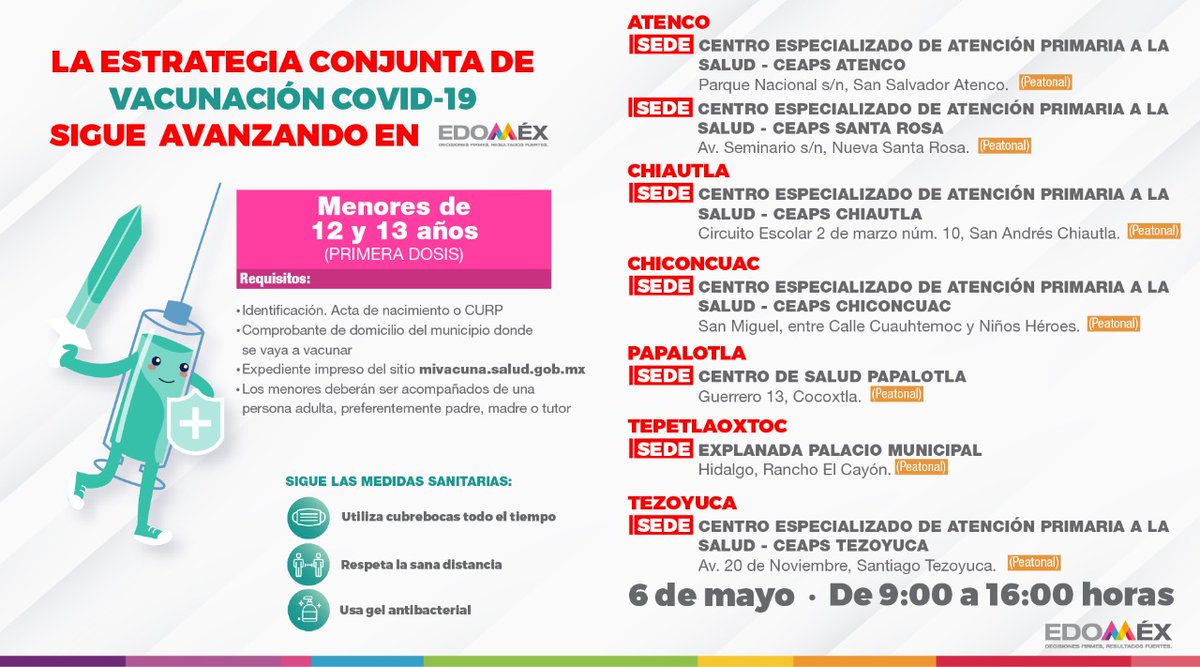 secti_edomex's tweet photo. #EstrategiaDeVacunación contra #Covid_19mx para menores de 12 y 13 años, en seis municipios del #Edoméx 💉
Consulta las sedes y horarios en 👉  https://t.co/i5Zh5jbidH
@Edomex 
@SaludEdomex https://t.co/BfaIUA8xYw