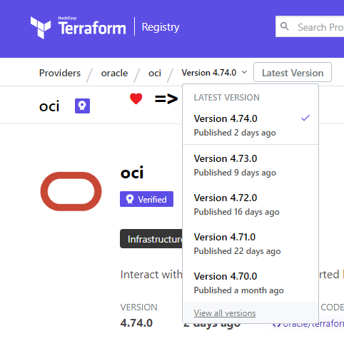 CloudDude_'s tweet photo. Feature request for #ocicli documentation😉: If @OracleCloud could add a drop down list so we can easily go to/from last version when on a random/earlier version picked by google- like what terraform registry has-That'd be cool. #UX
We won't need to guess when browsing in the doc https://t.co/J3v4UibcKr