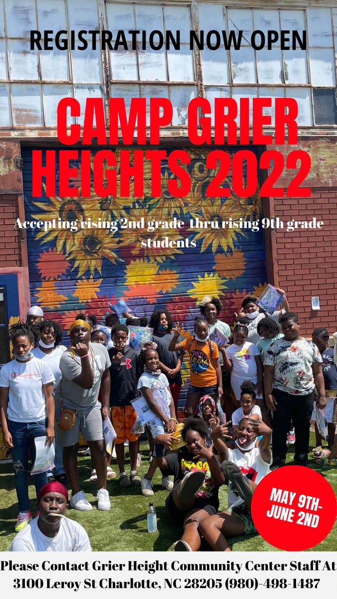 Registration is now open for Camp Grier Heights 2022. Registration open from May 9th - June 2nd