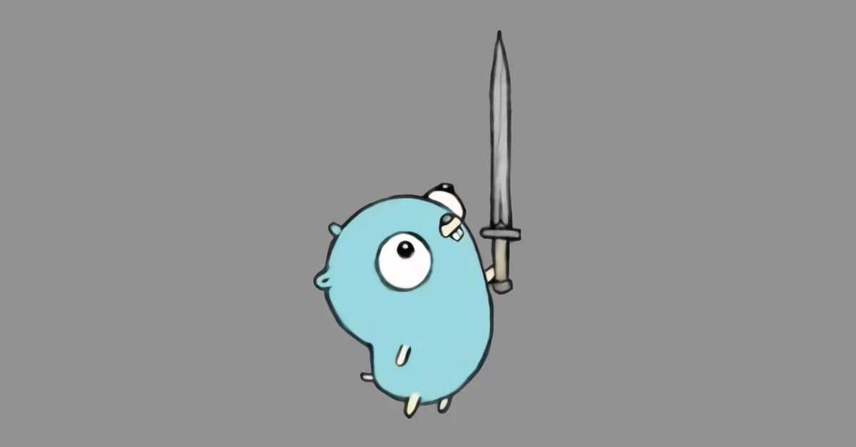A drawing of a gopher holding a sword on a grey background.